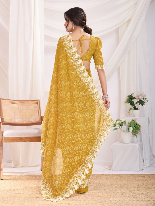 Yellow Poly Georgette Festive Wear Saree With Blouse Piece Yellow Poly Georgette Festive Wear Saree With Blouse Piece