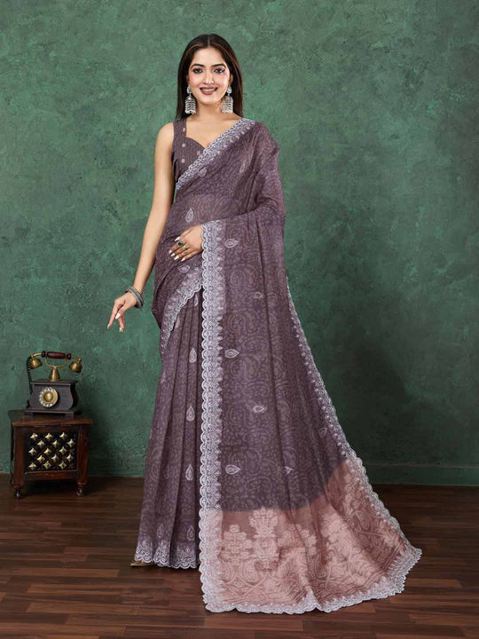 Brown Cotton Banarasi Printed Saree With Thread Embroidery Scalloping  Saree With Blouse Piece Brown Cotton Banarasi Printed Saree With Thread Embroidery Scalloping  Saree With Blouse Piece