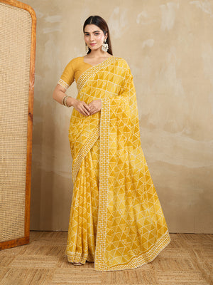 Poly Georgette Geometric Printed Saree With Embroidered Border And Blouse Piece