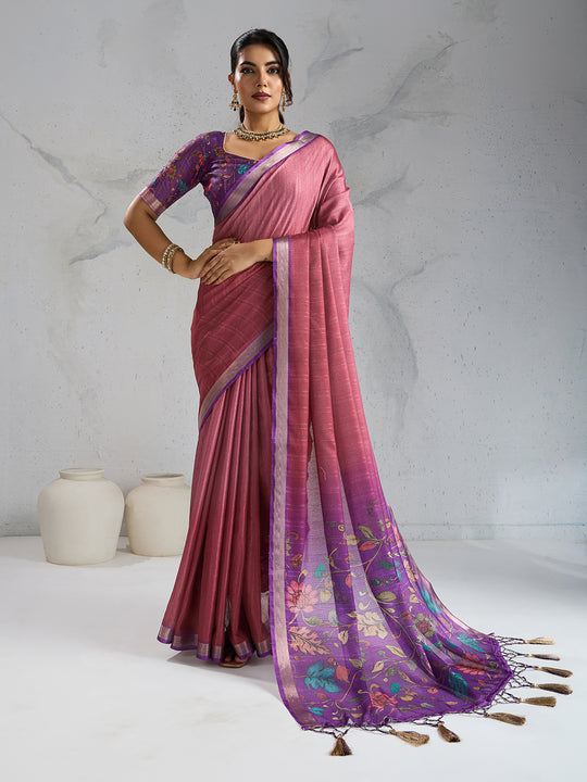 Pure Chiffon Digital Printed Woven Saree With Woven Border And Fancy Tassels Pure Chiffon Digital Printed Woven Saree With Woven Border And Fancy Tassels