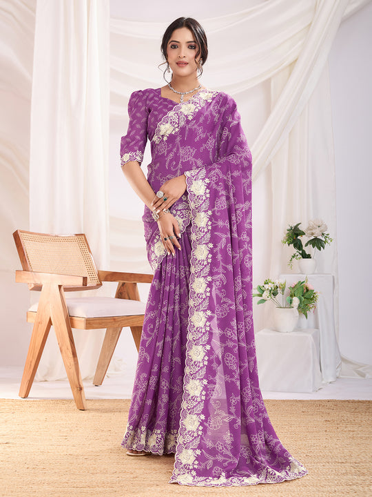 Purple Poly Georgette Festive Wear Saree With Blouse Piece Purple Poly Georgette Festive Wear Saree With Blouse Piece