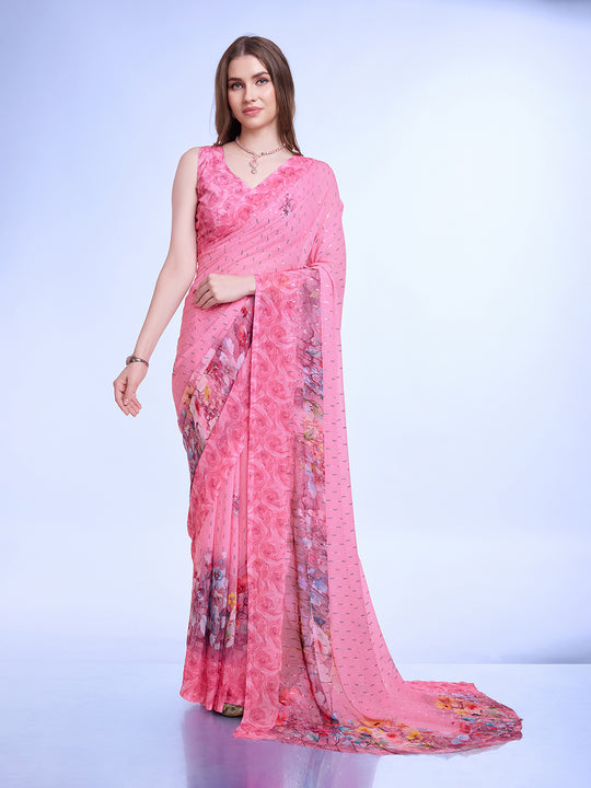 Pink Poly Chiffon Festival Saree With Blouse Piece Pink Poly Chiffon Festival Saree With Blouse Piece