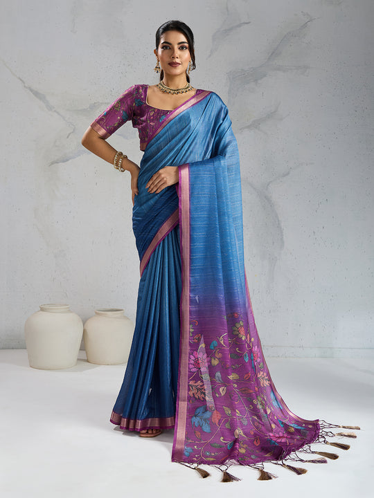 Pure Chiffon Digital Printed Woven Saree With Woven Border And Fancy Tassels Pure Chiffon Digital Printed Woven Saree With Woven Border And Fancy Tassels