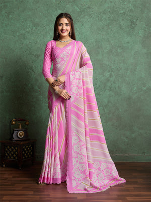 Poly Chiffon Leheriya Printed Saree With A Floral Touch And Swaroski Work With Scalloping