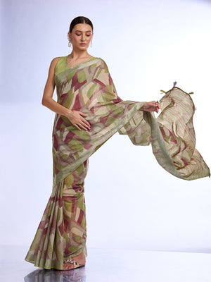 Green Linen Blend Saree With Blouse Piece