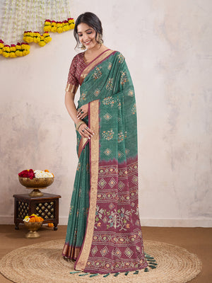Teal Poly Crepe Festive Wear Saree With Blouse Piece