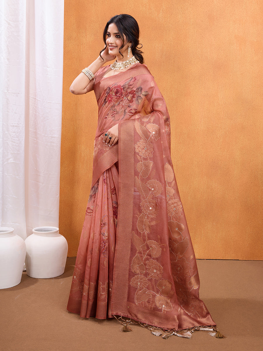 Peach Printed Saree with Blouse Fabric