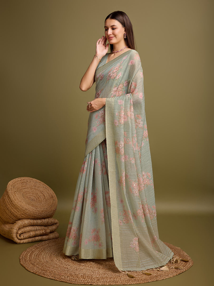 Women's Tissue Sea Green Woven Design Designer Saree With Blouse Piece