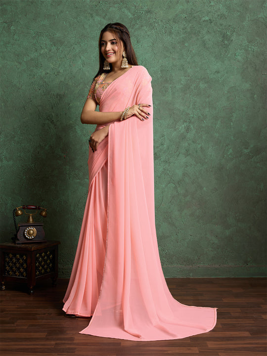 Poly Chiffon Dyed Saree With Heavy Embroidered Blouse Piece Poly Chiffon Dyed Saree With Heavy Embroidered Blouse Piece