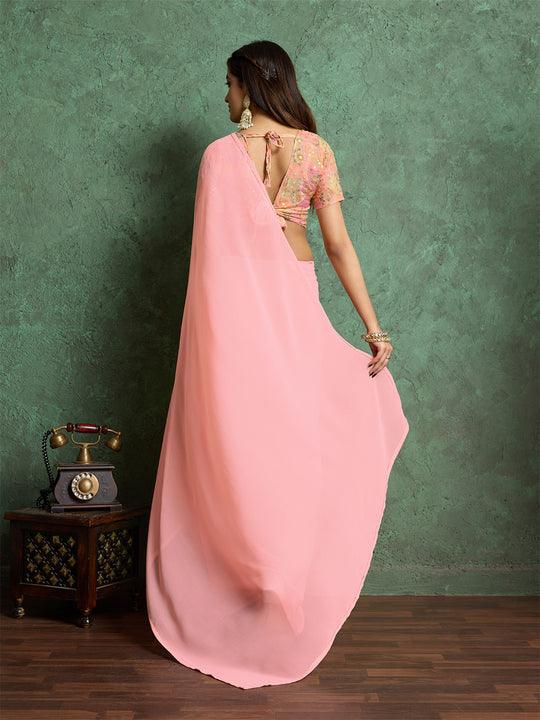 Poly Chiffon Dyed Saree With Heavy Embroidered Blouse Piece Poly Chiffon Dyed Saree With Heavy Embroidered Blouse Piece