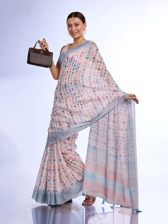 White Linen Blend Saree With Blouse Piece White Linen Blend Saree With Blouse Piece