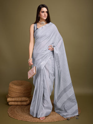 Grey Linen Blend Daily Wear Saree With Blouse Piece