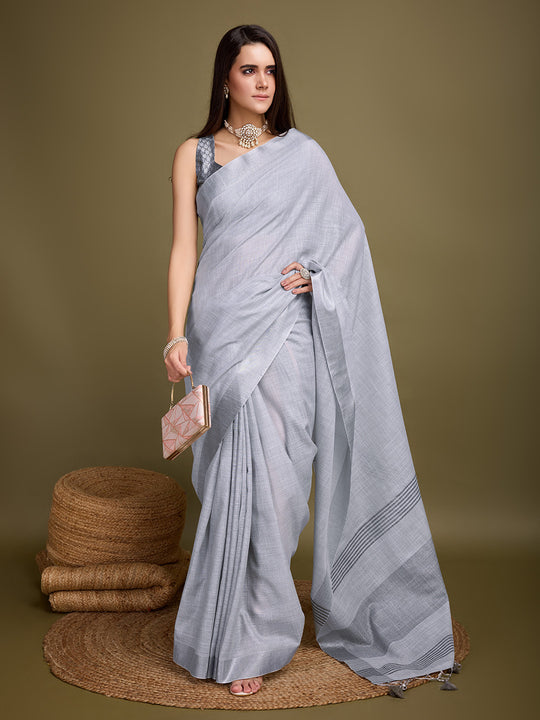 Grey Linen Blend Daily Wear Saree With Blouse Piece Grey Linen Blend Daily Wear Saree With Blouse Piece