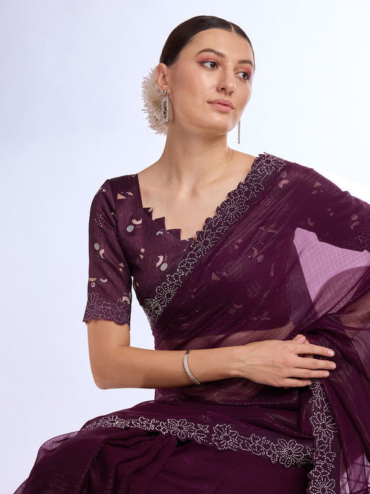 Wine Georgette Saree With Blouse Piece Wine Georgette Saree With Blouse Piece