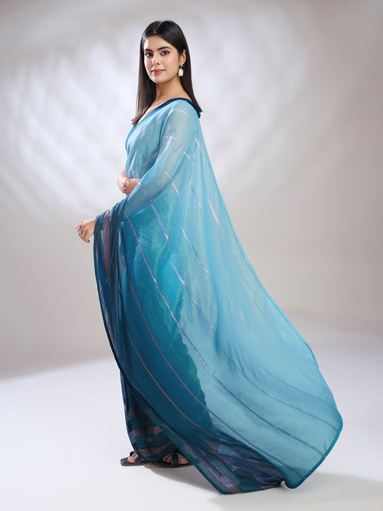 Blue Silk Blend Ready To Wear Saree With Blouse Piece Blue Silk Blend Ready To Wear Saree With Blouse Piece