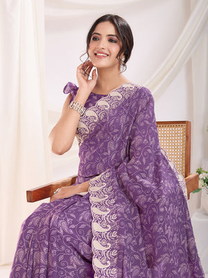 Purple Poly Georgette Festive Wear Saree With Blouse Piece