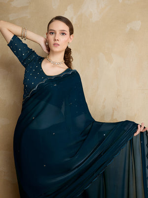 Embellished Mirror Work Organza Saree With Blouse Piece