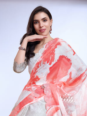 Peach Poly Chiffon Festival Saree With Blouse Piece
