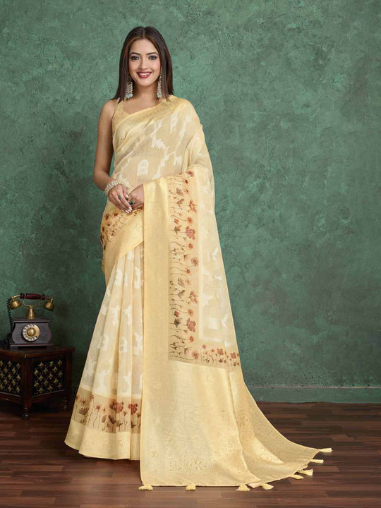 Yellow Pure Cotton Lucknowi Woven Printed Saree With Tassels Saree With Blouse Piece Yellow Pure Cotton Lucknowi Woven Printed Saree With Tassels Saree With Blouse Piece