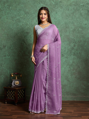 Pure Georgette Solid Embroidered Saree With Scalloping And Fancy Blouse