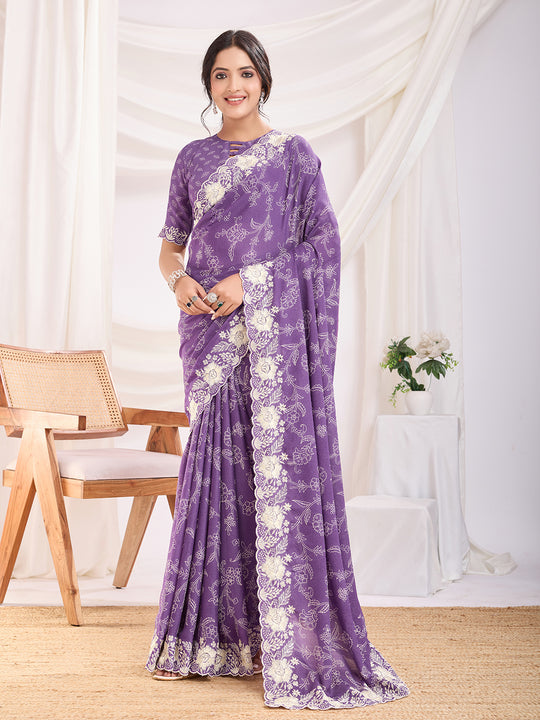 Purple Poly Georgette Festive Wear Saree With Blouse Piece Purple Poly Georgette Festive Wear Saree With Blouse Piece