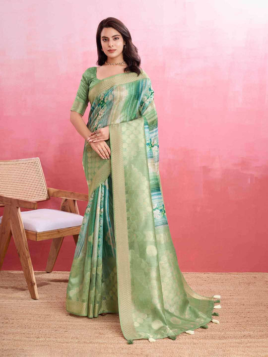 Turquoise Green Cotton Banarasi Woven Rich Pallu Printed Saree With Blouse Piece Turquoise Green Cotton Banarasi Woven Rich Pallu Printed Saree With Blouse Piece