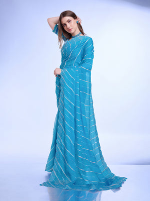 Blue Poly Chiffon Festival Saree With Blouse Piece