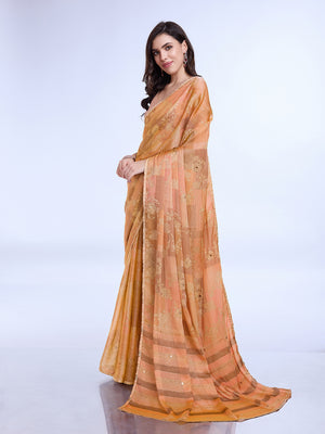 Orange Poly Chiffon Festive Wear Saree With Blouse Piecde