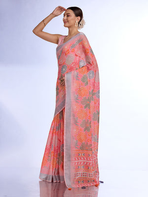 Peach Linen Blend Saree With Blouse Piece
