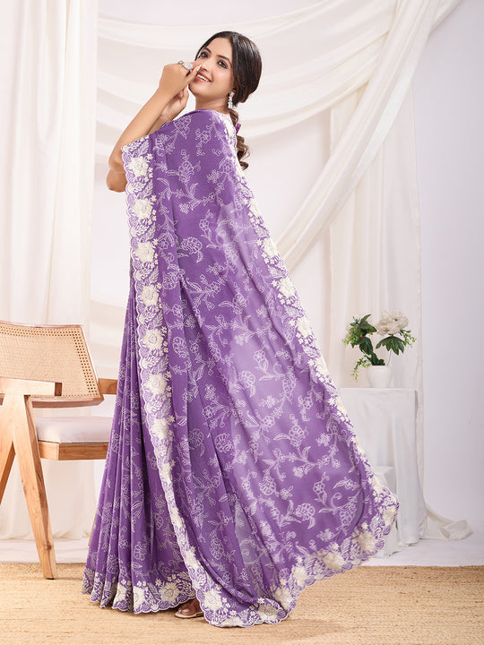 Purple Poly Georgette Festive Wear Saree With Blouse Piece Purple Poly Georgette Festive Wear Saree With Blouse Piece