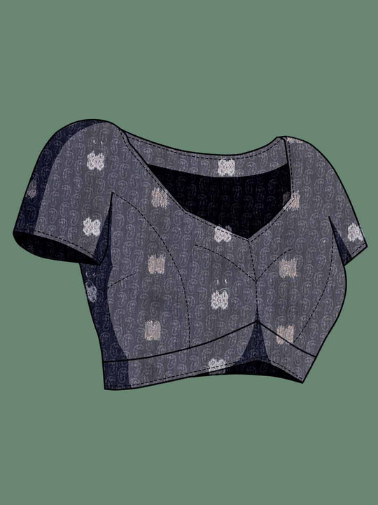 Grey Cotton Banarasi Printed Saree With Thread Embroidery Scalloping  Saree With Blouse Piece Grey Cotton Banarasi Printed Saree With Thread Embroidery Scalloping  Saree With Blouse Piece