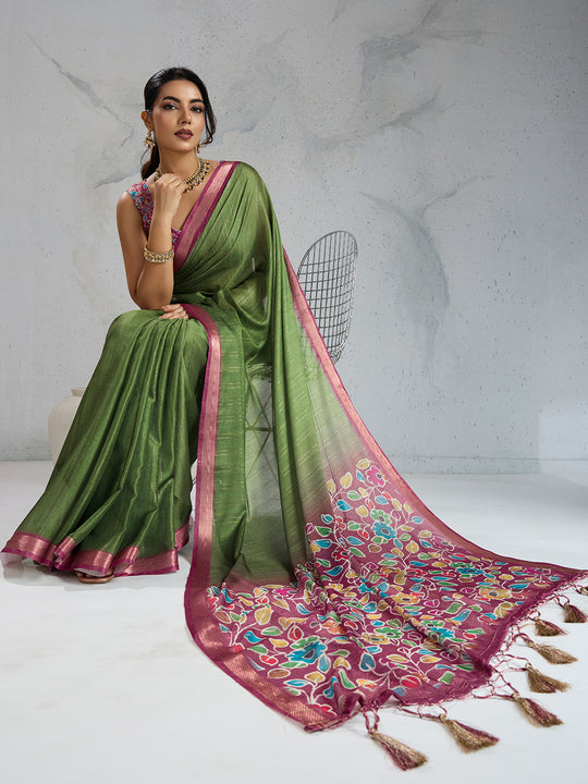 Pure Chiffon Digital Printed Woven Saree With Woven Border And Fancy Tassels Pure Chiffon Digital Printed Woven Saree With Woven Border And Fancy Tassels