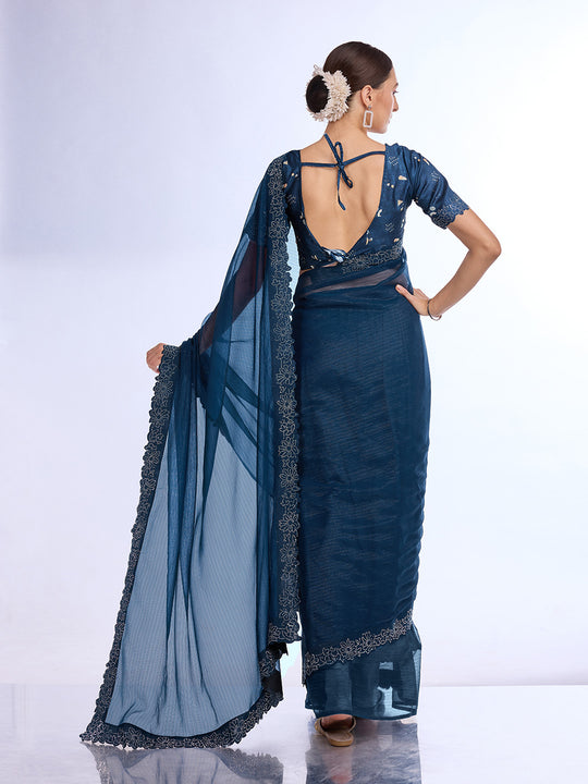 Blue Georgette Saree With Blouse Piece Blue Georgette Saree With Blouse Piece