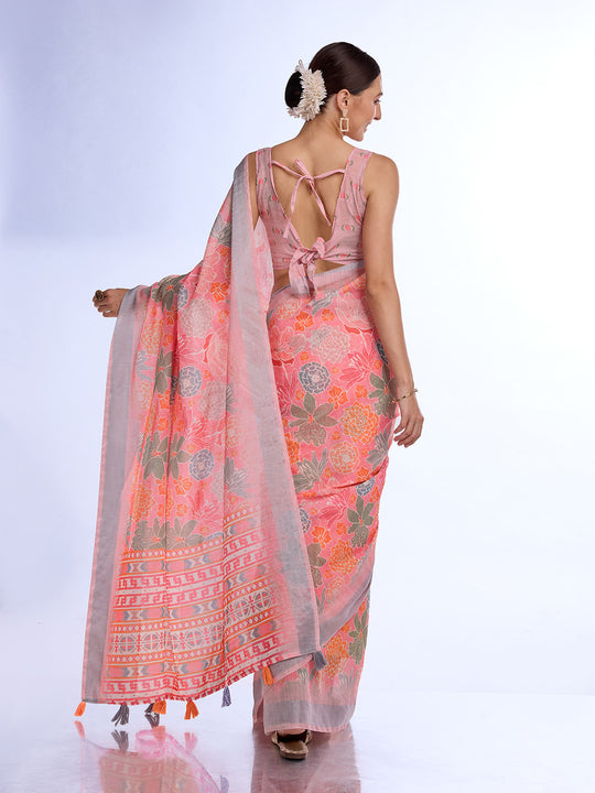 Peach Linen Blend Saree With Blouse Piece Peach Linen Blend Saree With Blouse Piece