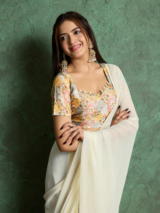 Poly Chiffon Dyed Saree With Heavy Embroidered Blouse Piece Poly Chiffon Dyed Saree With Heavy Embroidered Blouse Piece