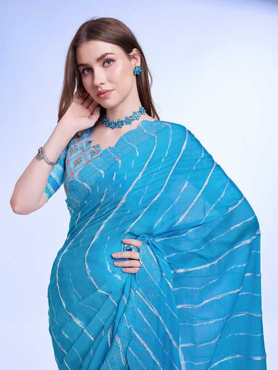 Blue Poly Chiffon Festival Saree With Blouse Piece Blue Poly Chiffon Festival Saree With Blouse Piece