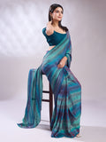 Teal Silk Blend Ready To Wear Saree With Blouse Piece Teal Silk Blend Ready To Wear Saree With Blouse Piece