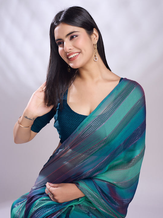 Teal Silk Blend Ready To Wear Saree With Blouse Piece Teal Silk Blend Ready To Wear Saree With Blouse Piece