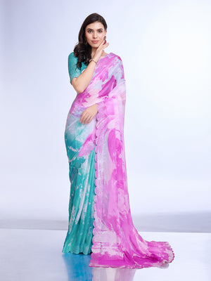 Pink Poly Chiffon Festival Saree With Blouse Piece