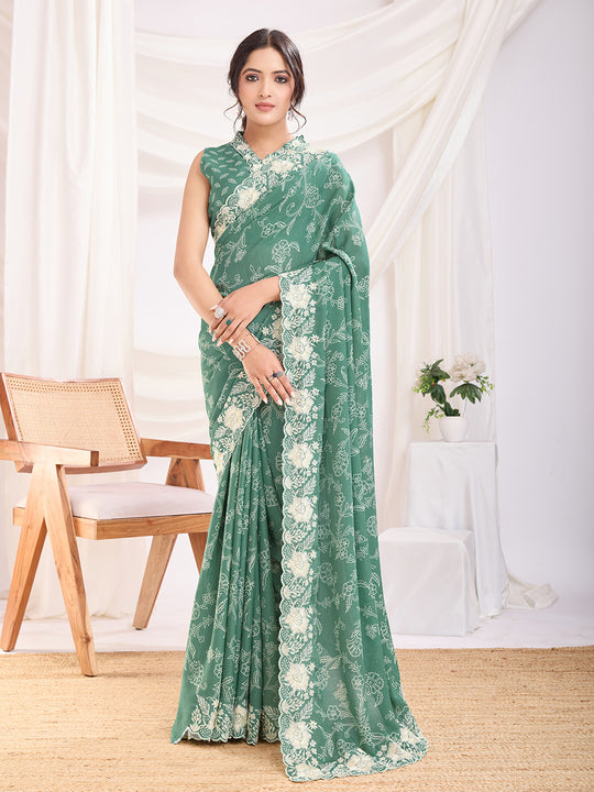 Sea Green Poly Georgette Festive Wear Saree With Blouse Piece Sea Green Poly Georgette Festive Wear Saree With Blouse Piece