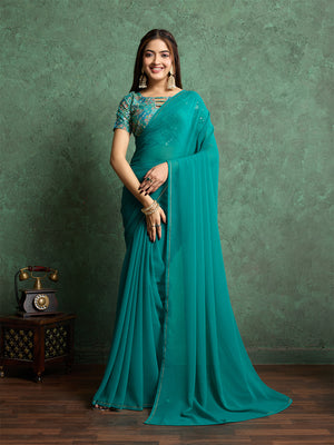 Poly Chiffon Dyed Saree With Heavy Embroidered Blouse Piece