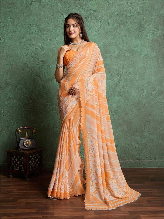 Poly Chiffon Leheriya Printed Saree With A Floral Touch And Swaroski Work With Scalloping Poly Chiffon Leheriya Printed Saree With A Floral Touch And Swaroski Work With Scalloping