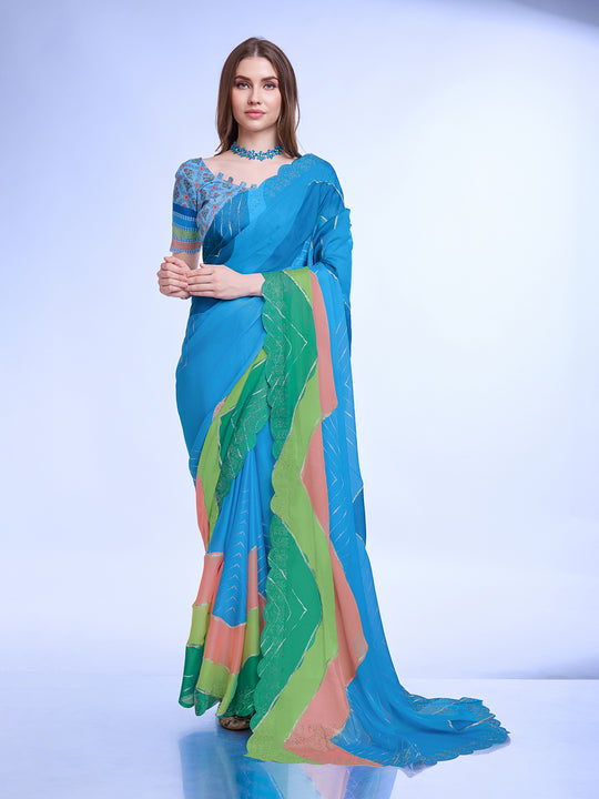 Teal Poly Chiffon Festival Saree With Blouse Piece Teal Poly Chiffon Festival Saree With Blouse Piece