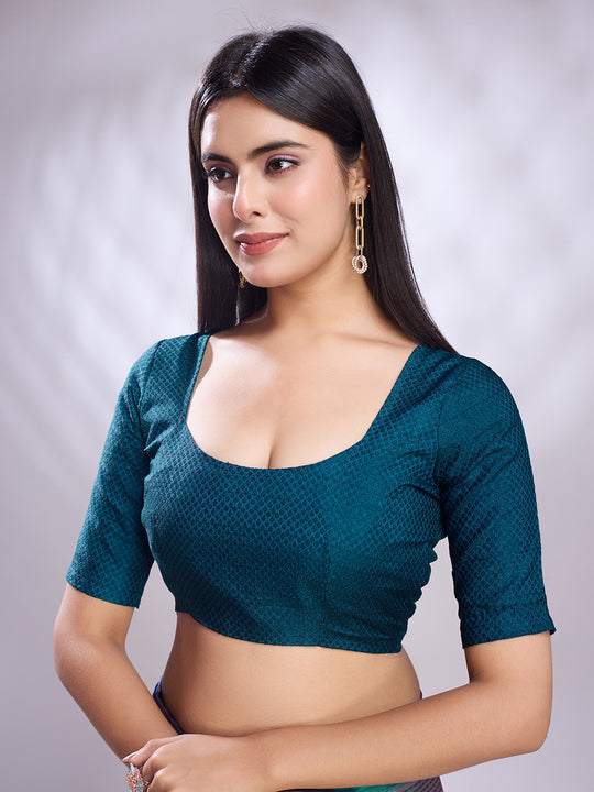 Teal Silk Blend Ready To Wear Saree With Blouse Piece Teal Silk Blend Ready To Wear Saree With Blouse Piece