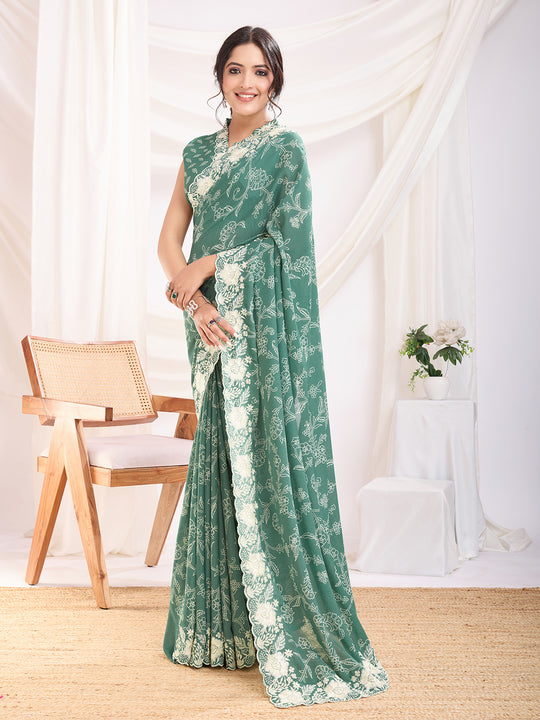 Sea Green Poly Georgette Festive Wear Saree With Blouse Piece Sea Green Poly Georgette Festive Wear Saree With Blouse Piece