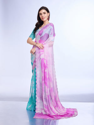 Pink Poly Chiffon Festival Saree With Blouse Piece