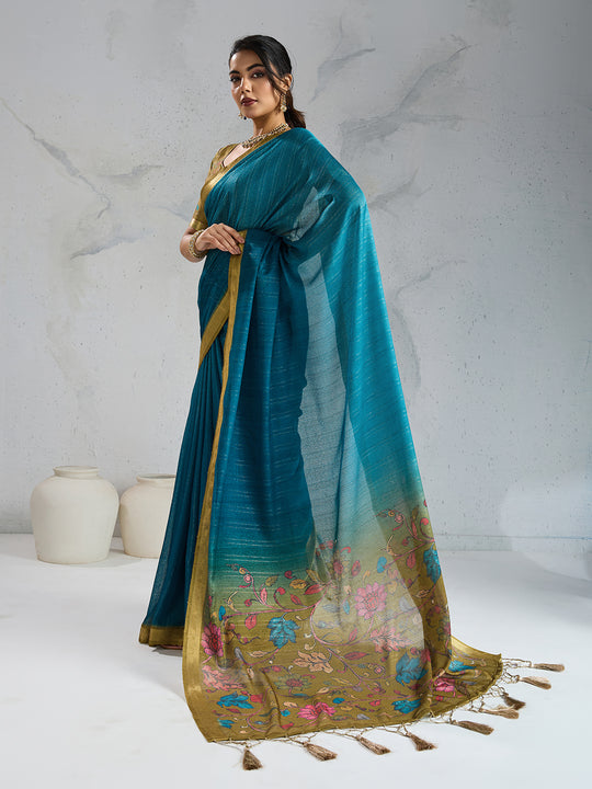 Pure Chiffon Digital Printed Woven Saree With Woven Border And Fancy Tassels Pure Chiffon Digital Printed Woven Saree With Woven Border And Fancy Tassels