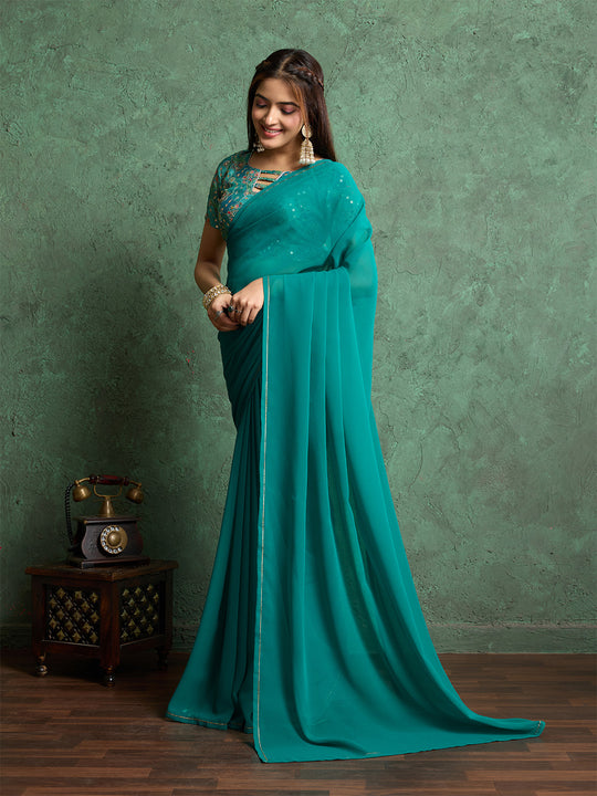 Poly Chiffon Dyed Saree With Heavy Embroidered Blouse Piece Poly Chiffon Dyed Saree With Heavy Embroidered Blouse Piece