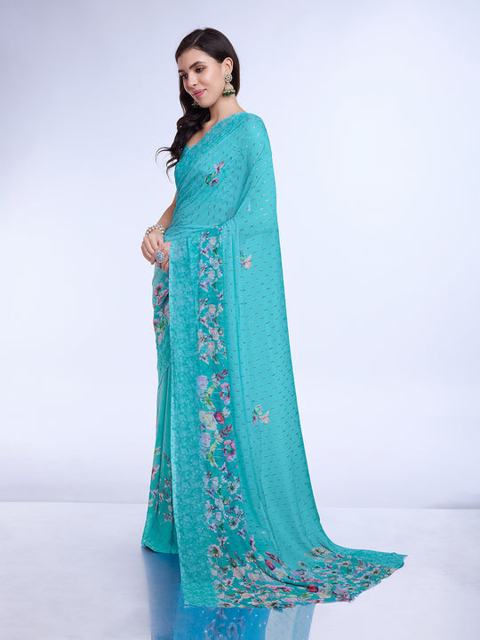 Teal Poly Chiffon Festival Saree With Blouse Piece Teal Poly Chiffon Festival Saree With Blouse Piece