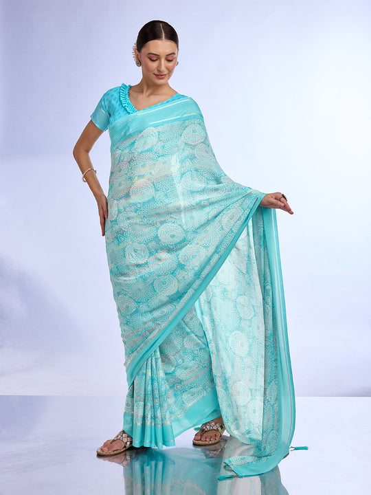 Blue Georgette Saree With Blouse Piece Blue Georgette Saree With Blouse Piece